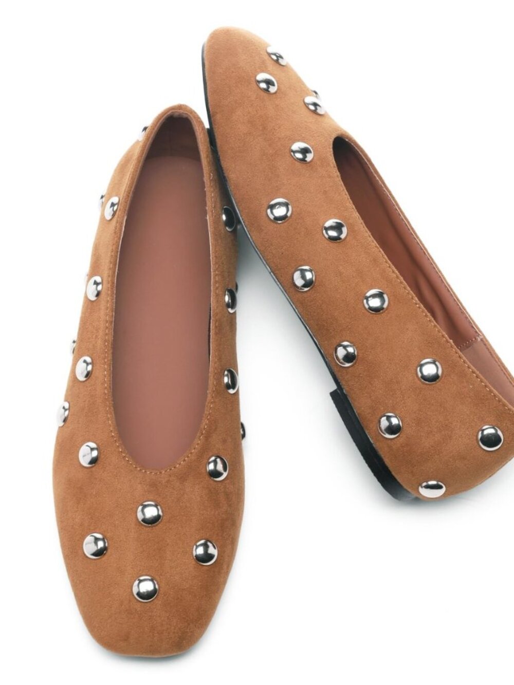Studded Flats for Women Square Toe Slip on Suede Ballet Flats
